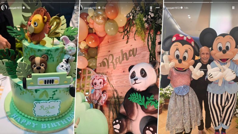 A safari-themed birthday cake, Mahesh Bhatt posing with Micky and Minnie Mouse: Inside Raha Kapoor’s 2nd birthday celebration